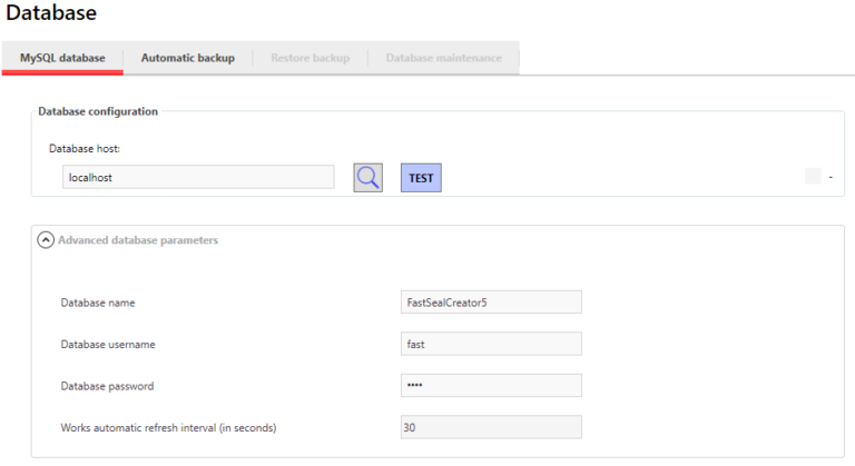 Database settings – MySQL database – FastSeal knowledge base